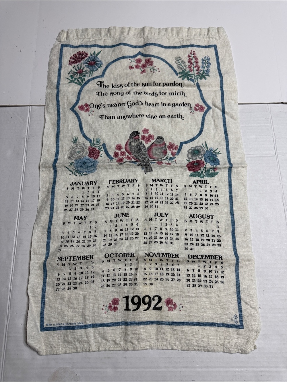 1992 Floral Calendar Tea Towel - Cream with Blue and Pink Accents